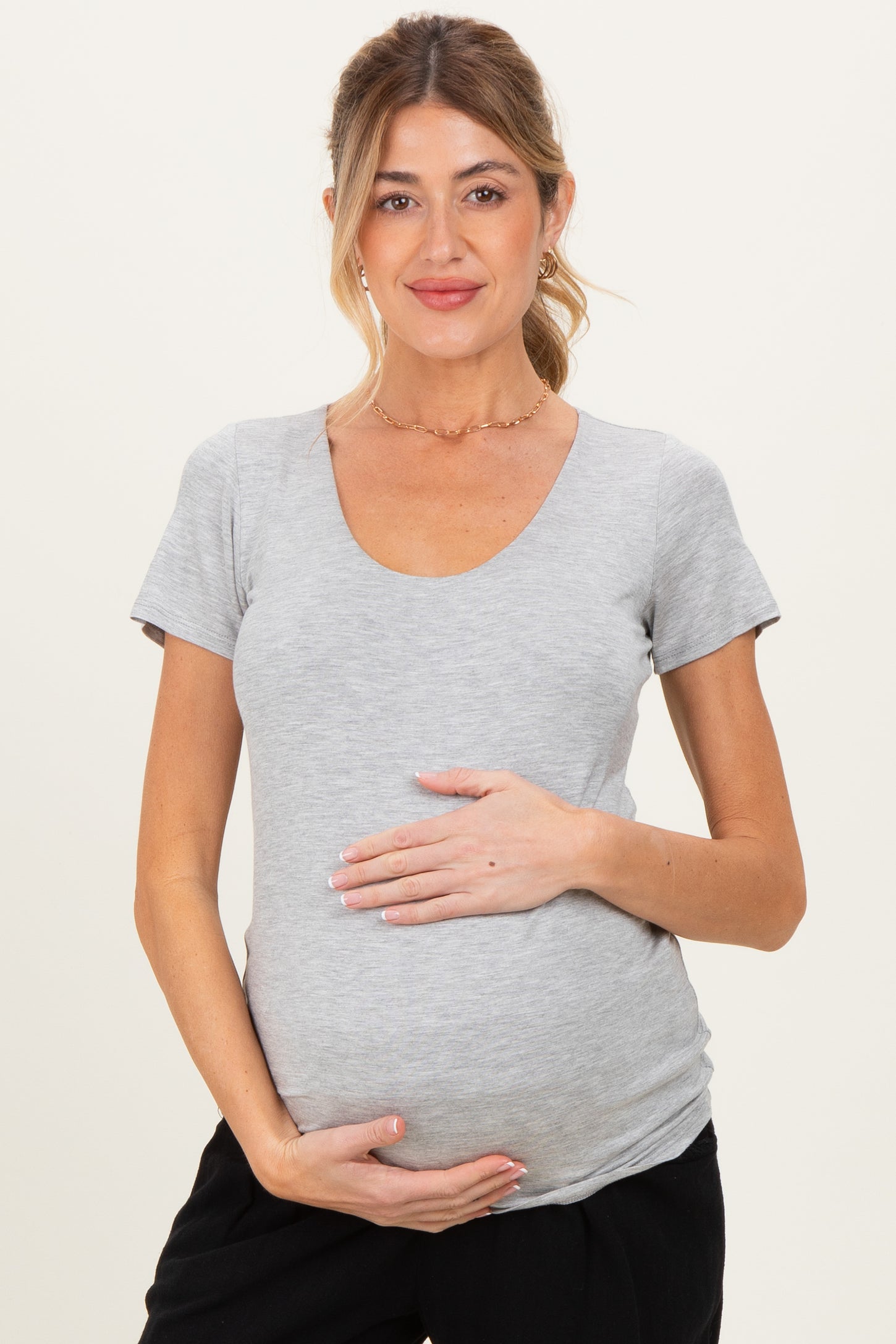 Heather Grey Short Sleeve Scoop Neck Maternity Knit T-Shirt