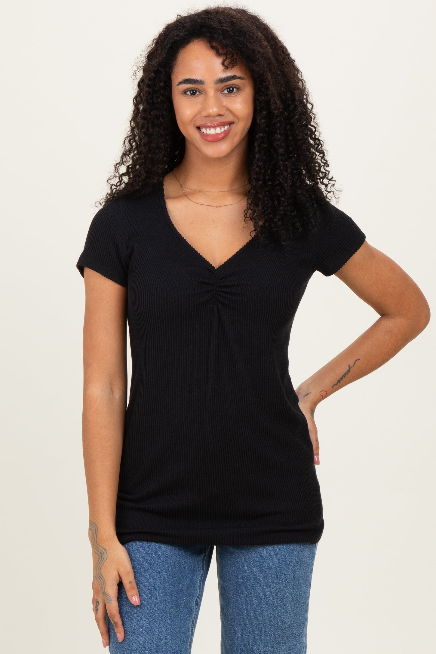 Black Ribbed Sweetheart-Neckline Maternity Top