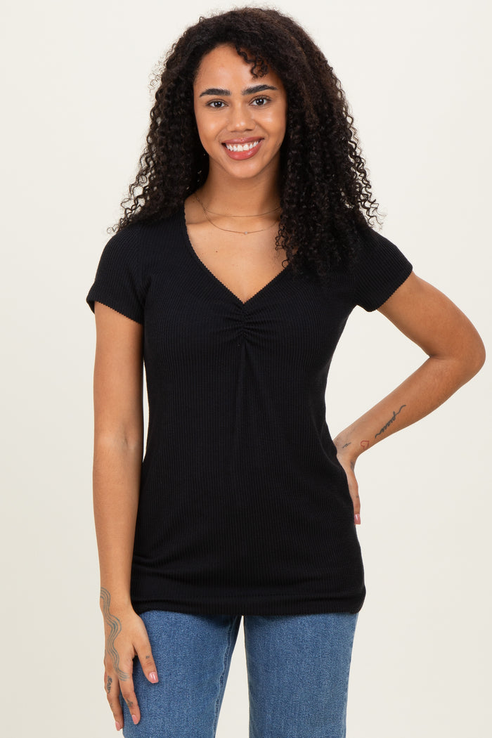 Black Ribbed Sweetheart-Neckline Maternity Top