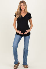 Black Ribbed Sweetheart-Neckline Maternity Top