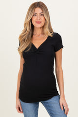 Black Ribbed Sweetheart-Neckline Maternity Top