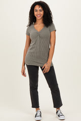 Olive Ribbed Sweetheart-Neckline Top