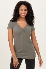 Olive Ribbed Sweetheart-Neckline Maternity Top