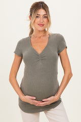 Olive Ribbed Sweetheart-Neckline Maternity Top
