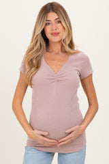 Taupe Ribbed Sweetheart-Neckline Maternity Top