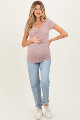 Taupe Ribbed Sweetheart-Neckline Maternity Top