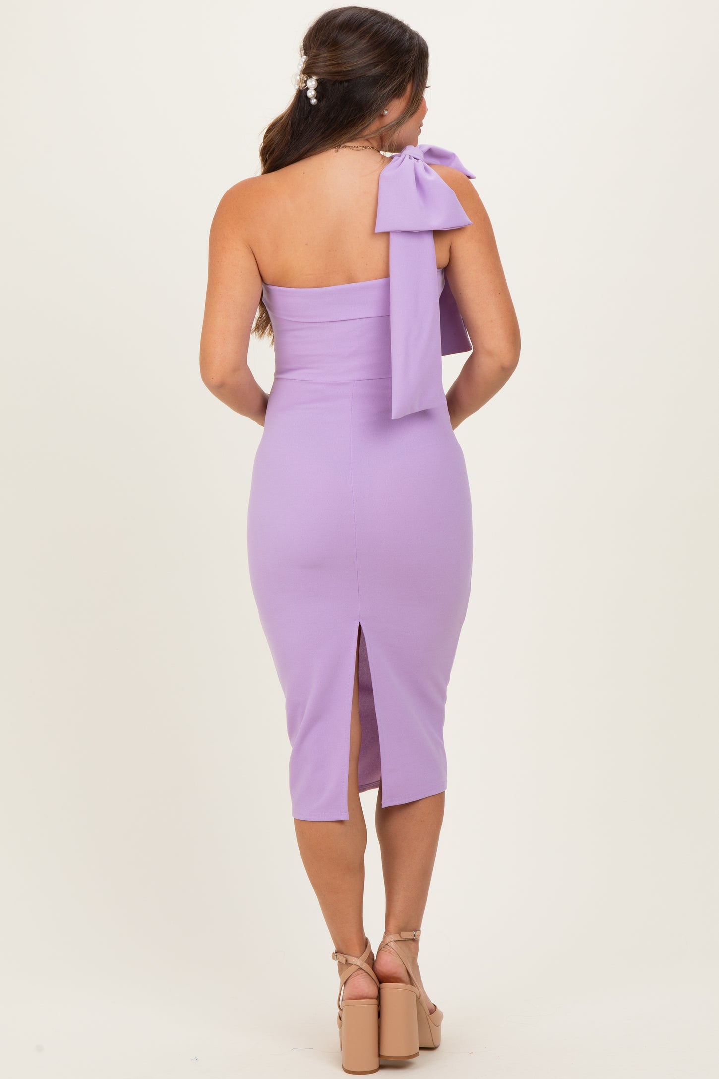 lavender one shoulder dress Lavender One Shoulder Bow Maternity Midi Dress