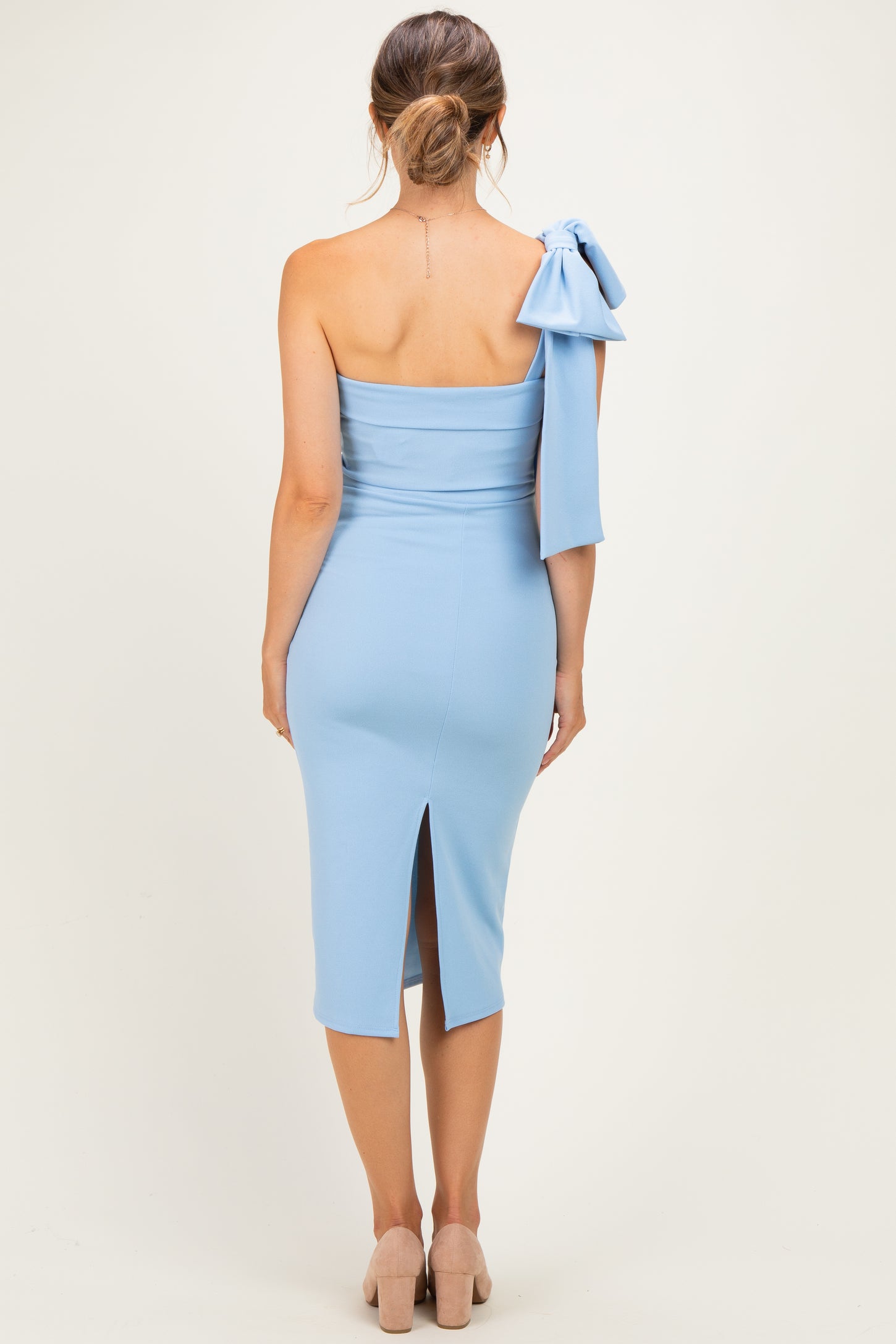 Light Blue One Shoulder Bow Maternity Midi Dress – PinkBlush