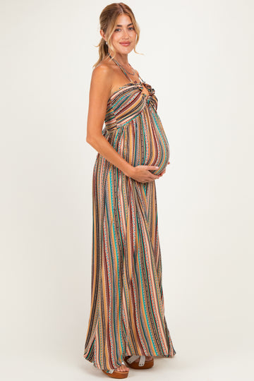 Multicolor Printed V-Neck Halter Maternity Maxi Dress