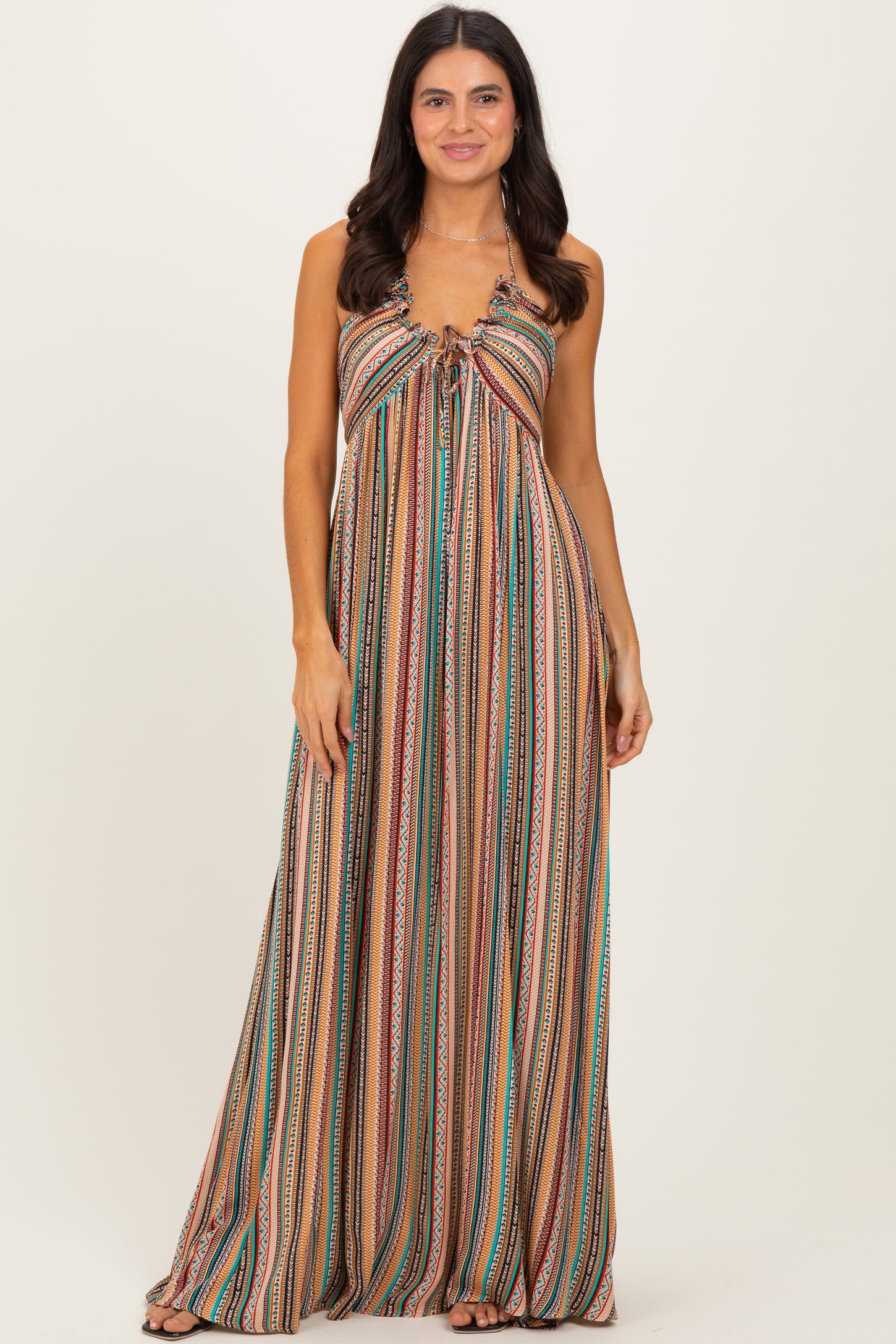 Multicolor Printed V-Neck Halter Maternity Maxi Dress