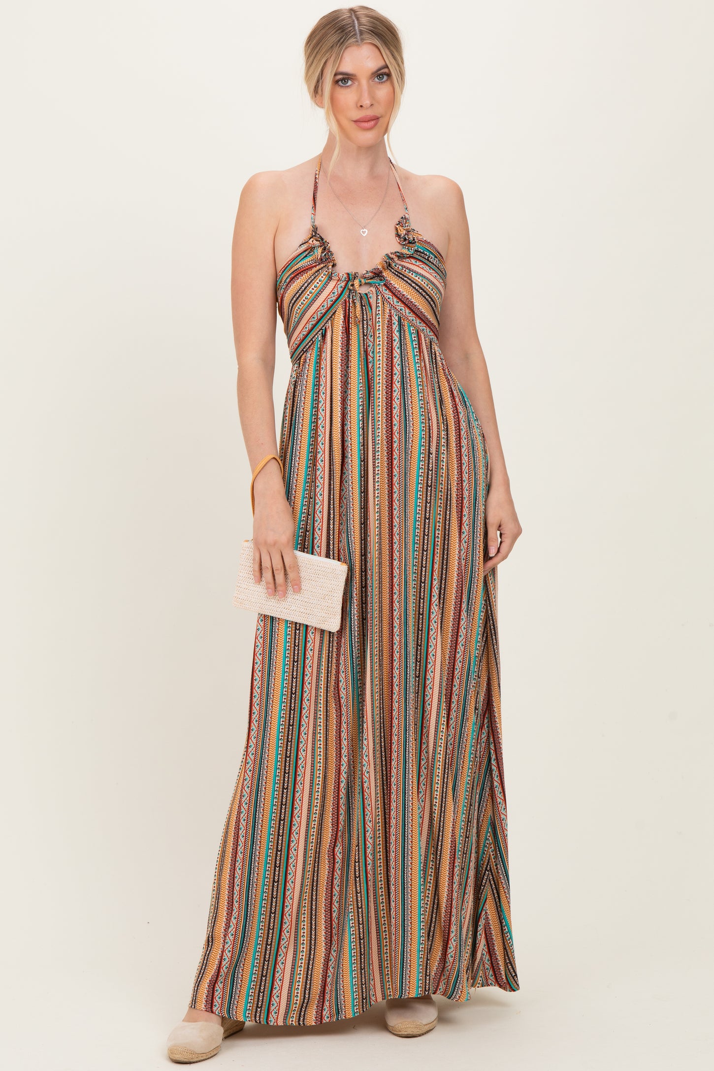 Multicolor Printed V-Neck Halter Maxi Dress