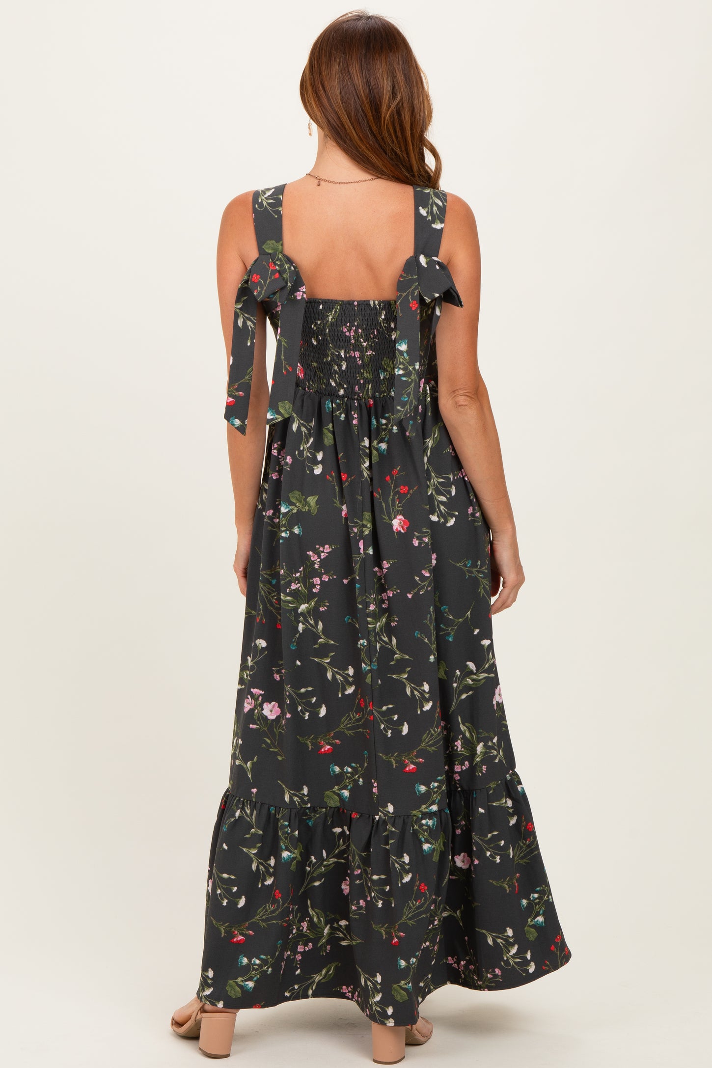 Forest Green Floral Bow Strap Maxi Dress