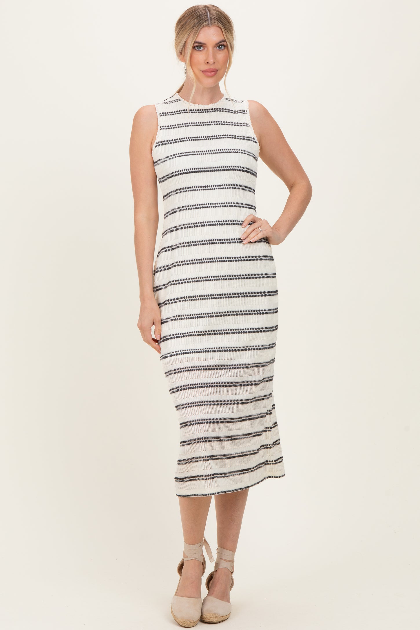 striped mesh bodycon dress Ivory Striped Mesh Sleeveless Midi Dress
