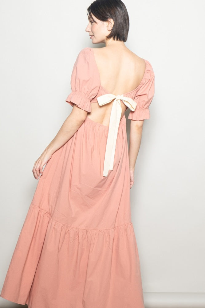 Rose Pink Open Back Ribbon Tie Maxi Dress