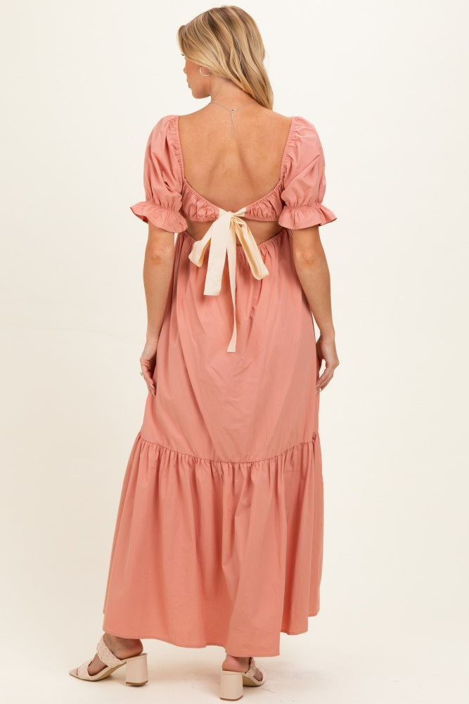 Rose Pink Open Back Ribbon Tie Maternity Maxi Dress