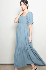Blue Open Back Ribbon Tie Maxi Dress