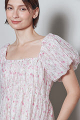 Pink Floral Puff Sleeve Midi Dress