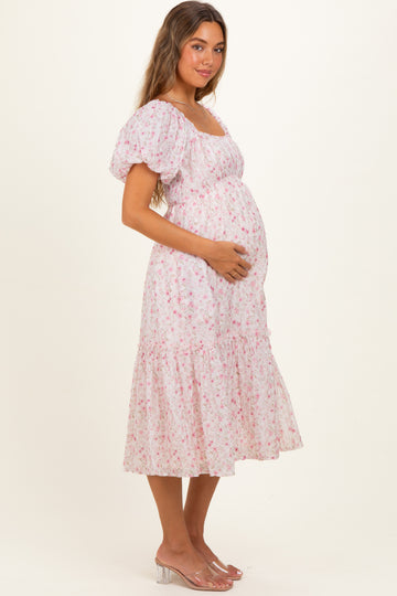 Pink Floral Puff Sleeve Maternity Midi Dress