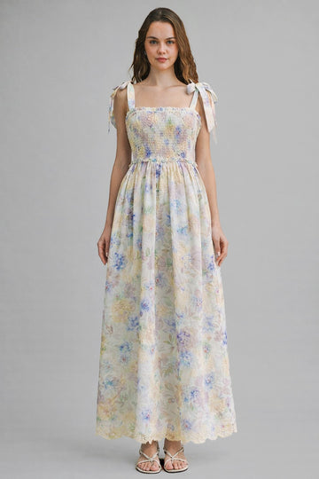 Blue Floral Smocked Shoulder Tie Maxi Dress