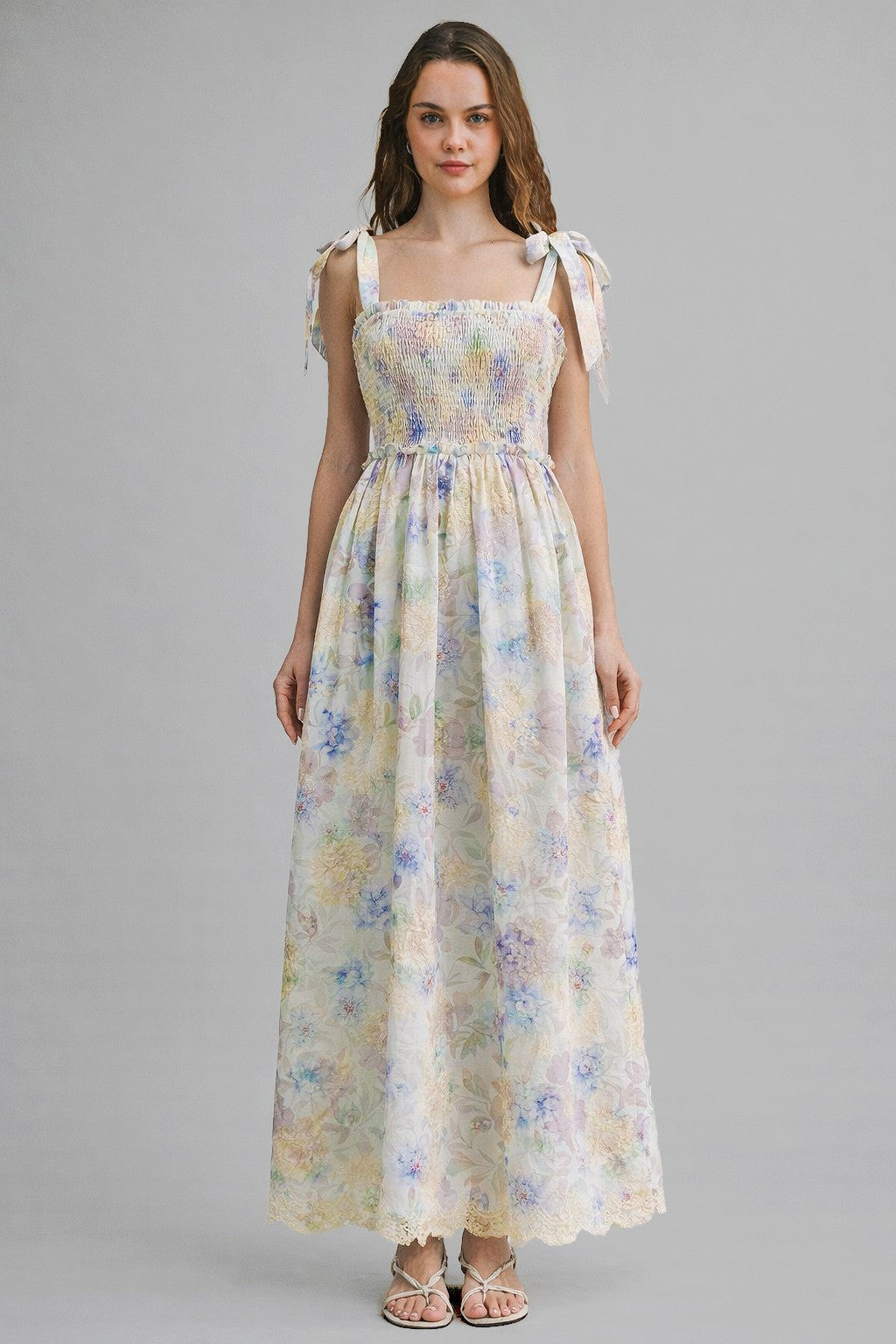 Blue Floral Smocked Shoulder Tie Maxi Dress