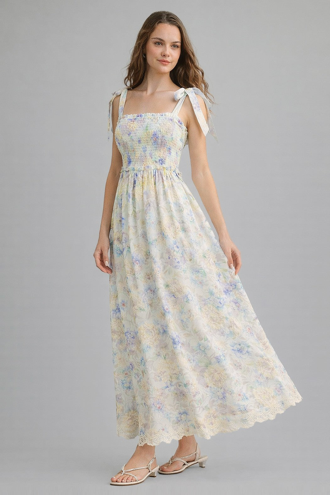 Blue Floral Smocked Shoulder Tie Maternity Maxi Dress PinkBlush Blue Floral Smocked Shoulder Tie Maternity Maxi Dress PinkBlush