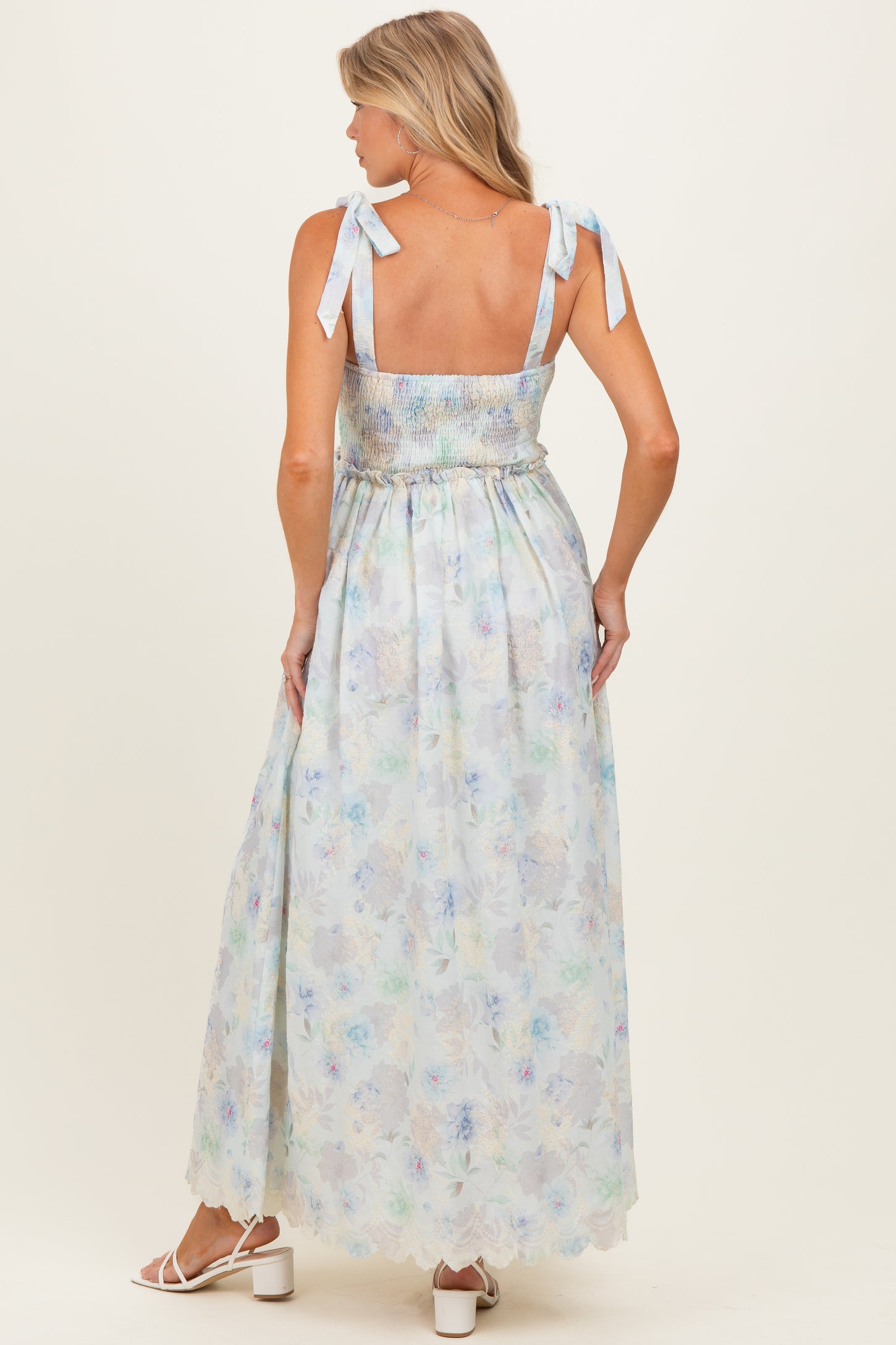 Blue Floral Smocked Shoulder Tie Maternity Maxi Dress Blue Floral Smocked Shoulder Tie Maternity Maxi Dress
