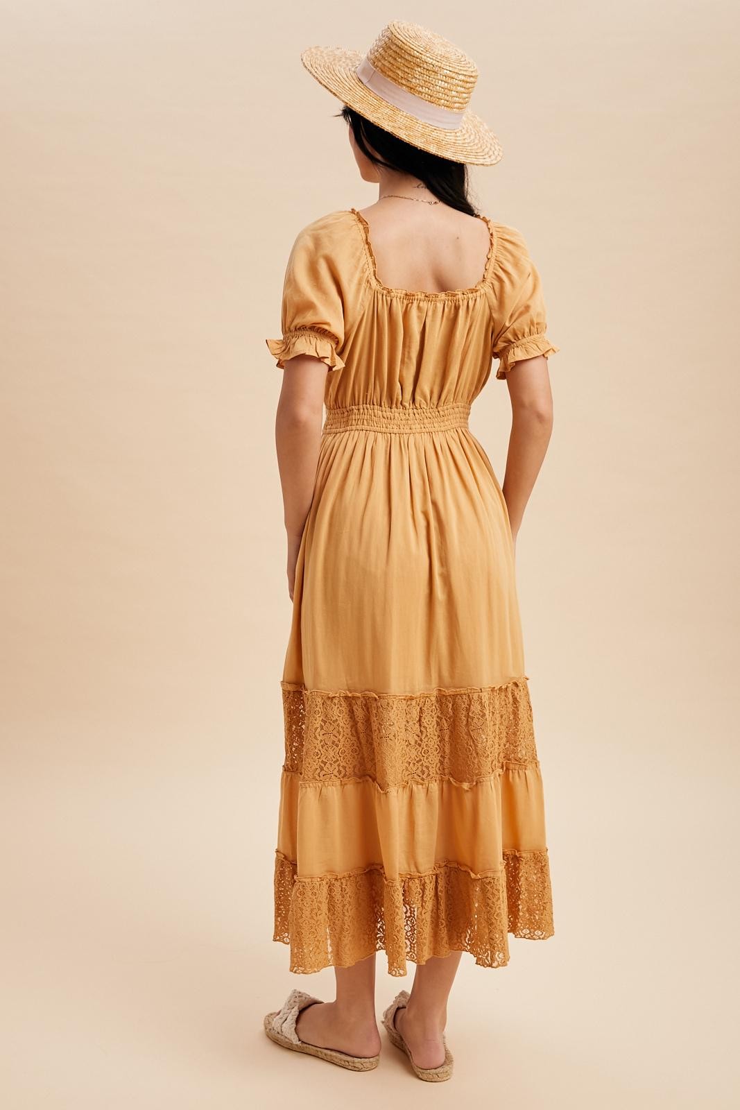 Gold Lace Contrast Paneled Maxi Dress
