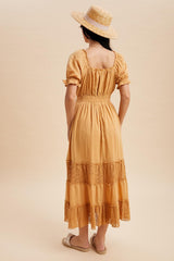 Gold Lace Contrast Paneled Maxi Dress
