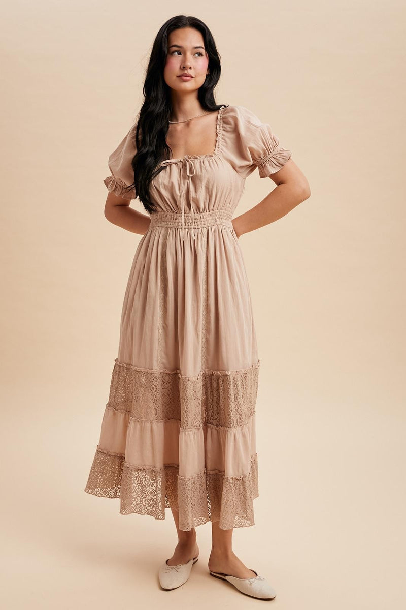 Taupe Lace Contrast Paneled Maxi Dress – PinkBlush