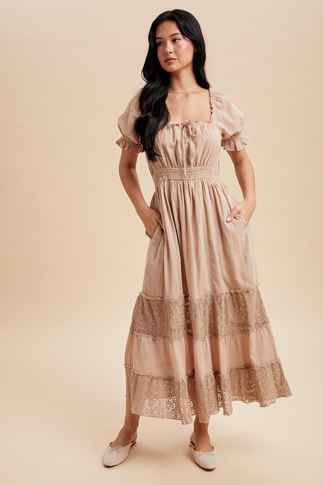 Taupe Lace Contrast Paneled Maxi Dress Taupe Lace Contrast Paneled Maxi Dress