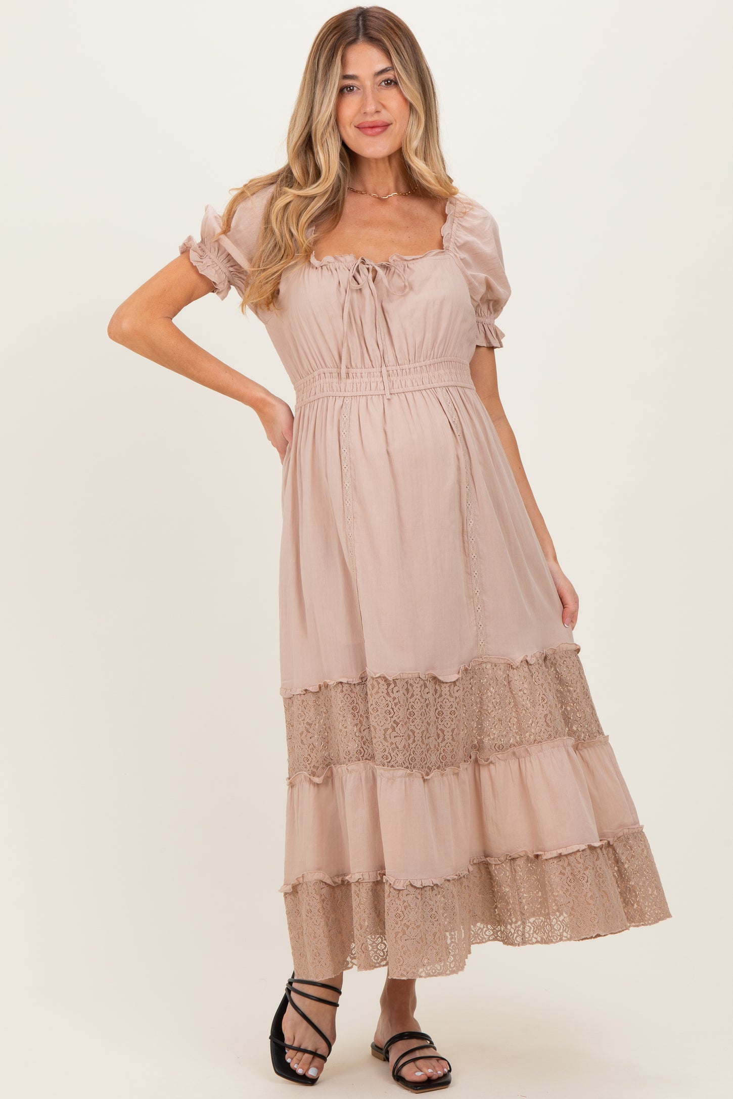 Taupe Lace Contrast Paneled Maternity Maxi Dress