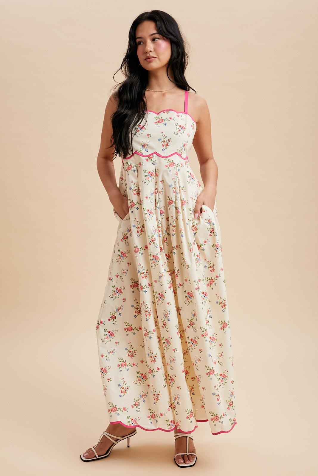 contrast maxi dress Pink Peony Creme Floral Scalloped Contrast Maxi Dress