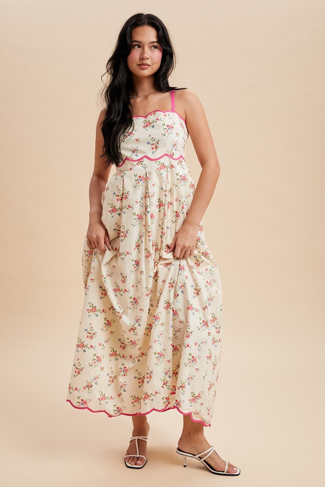 Pink Peony Creme Floral Scalloped Contrast Maxi Dress Pink Peony Creme Floral Scalloped Contrast Maxi Dress