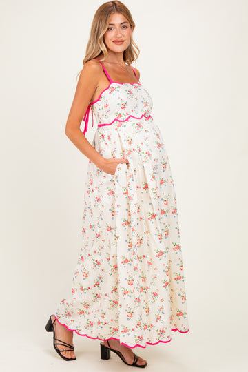 Pink Peony Creme Floral Scalloped Contrast Maternity Maxi Dress