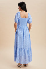 Blue Pleated Polka Dot Maxi Dress
