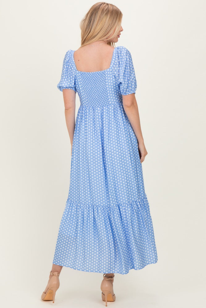 Blue Pleated Polka Dot Maxi Dress