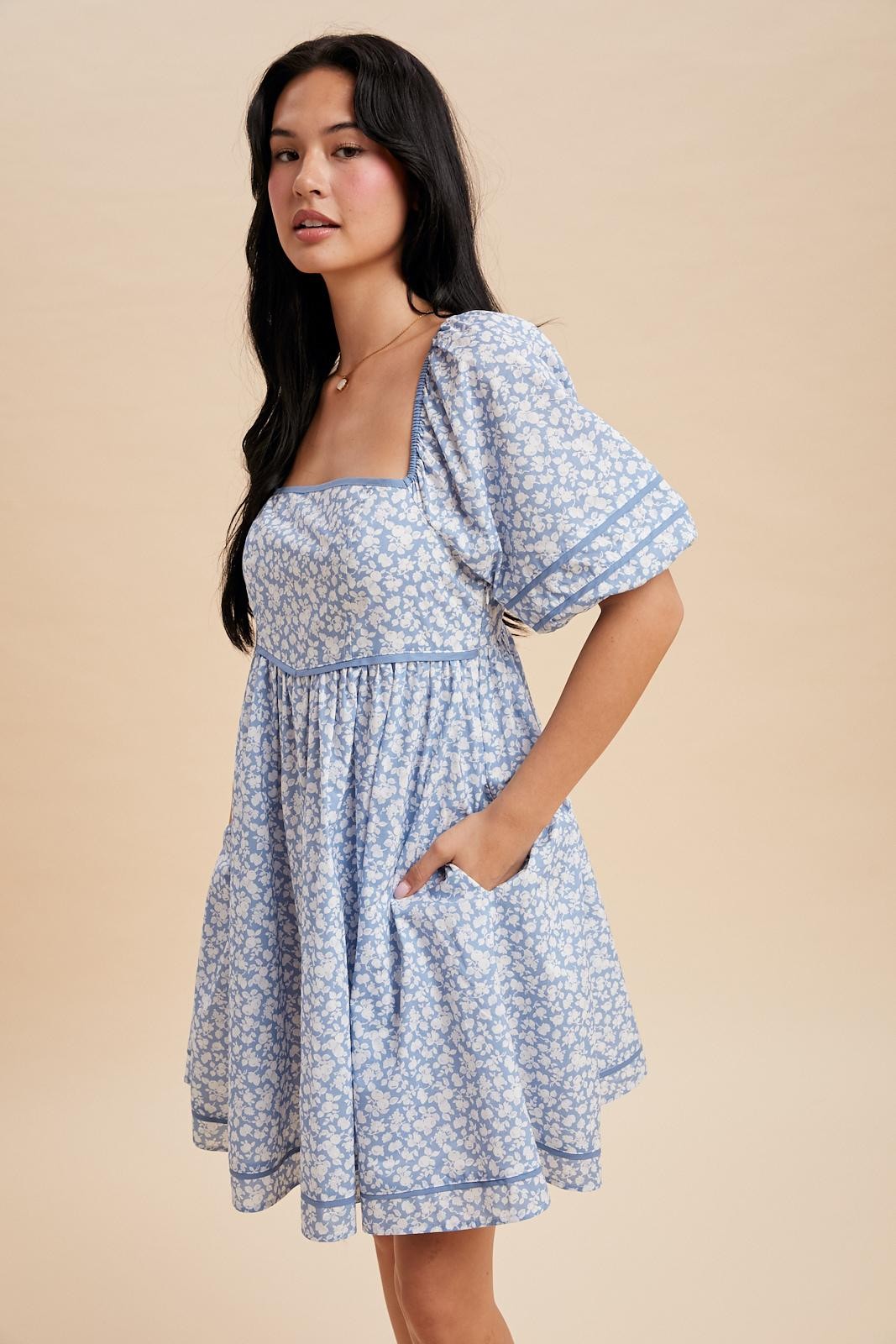 Blue Aura Contrast Binded Floral Mini Dress