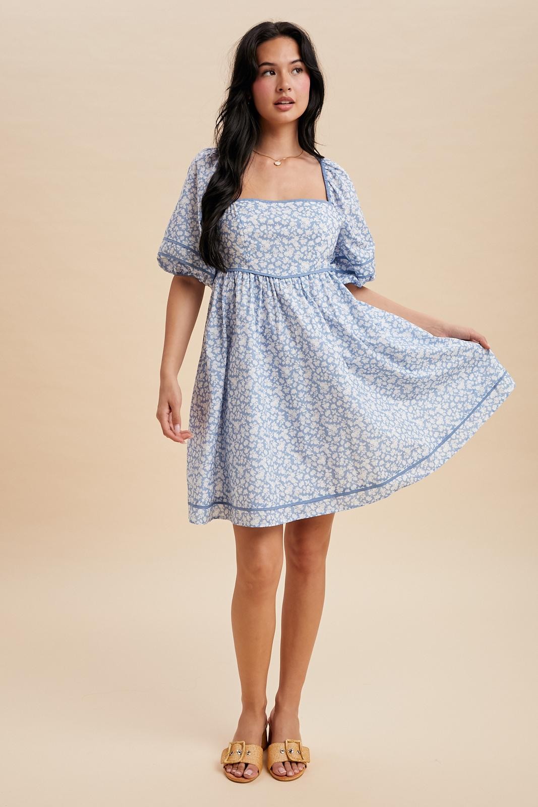 Blue Aura Contrast Binded Floral Mini Dress