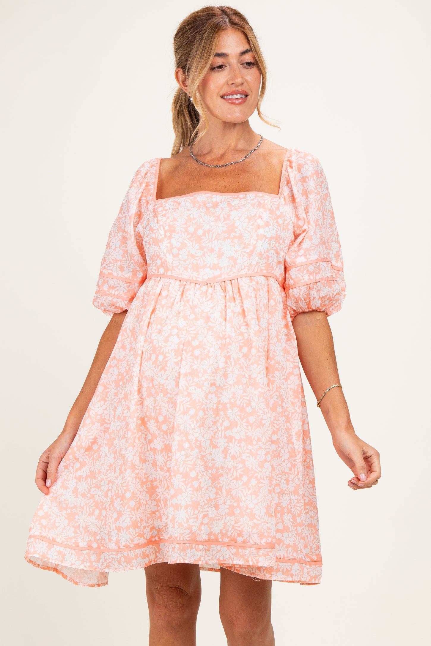 Coral Contrast Binded Floral Maternity Mini Dress – PinkBlush
