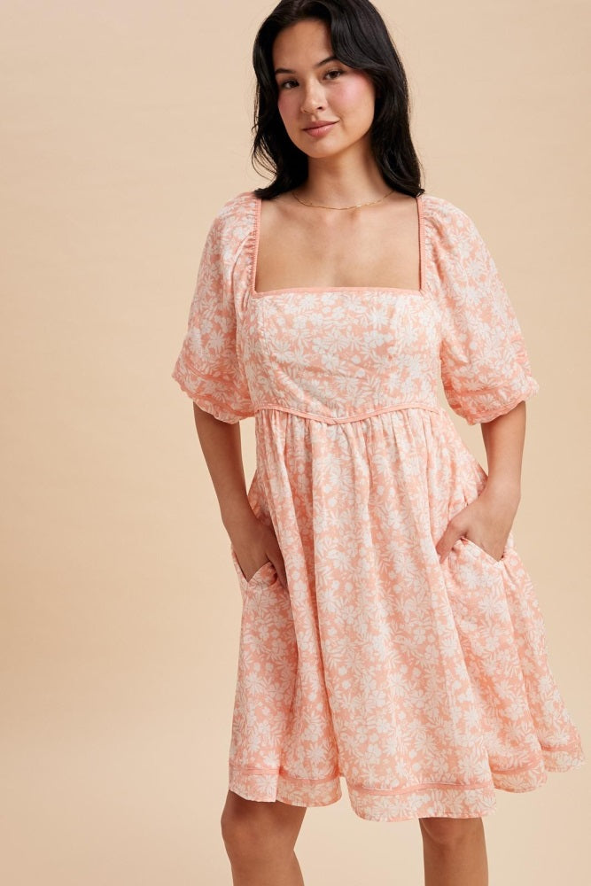 Coral Contrast Binded Floral Mini Dress