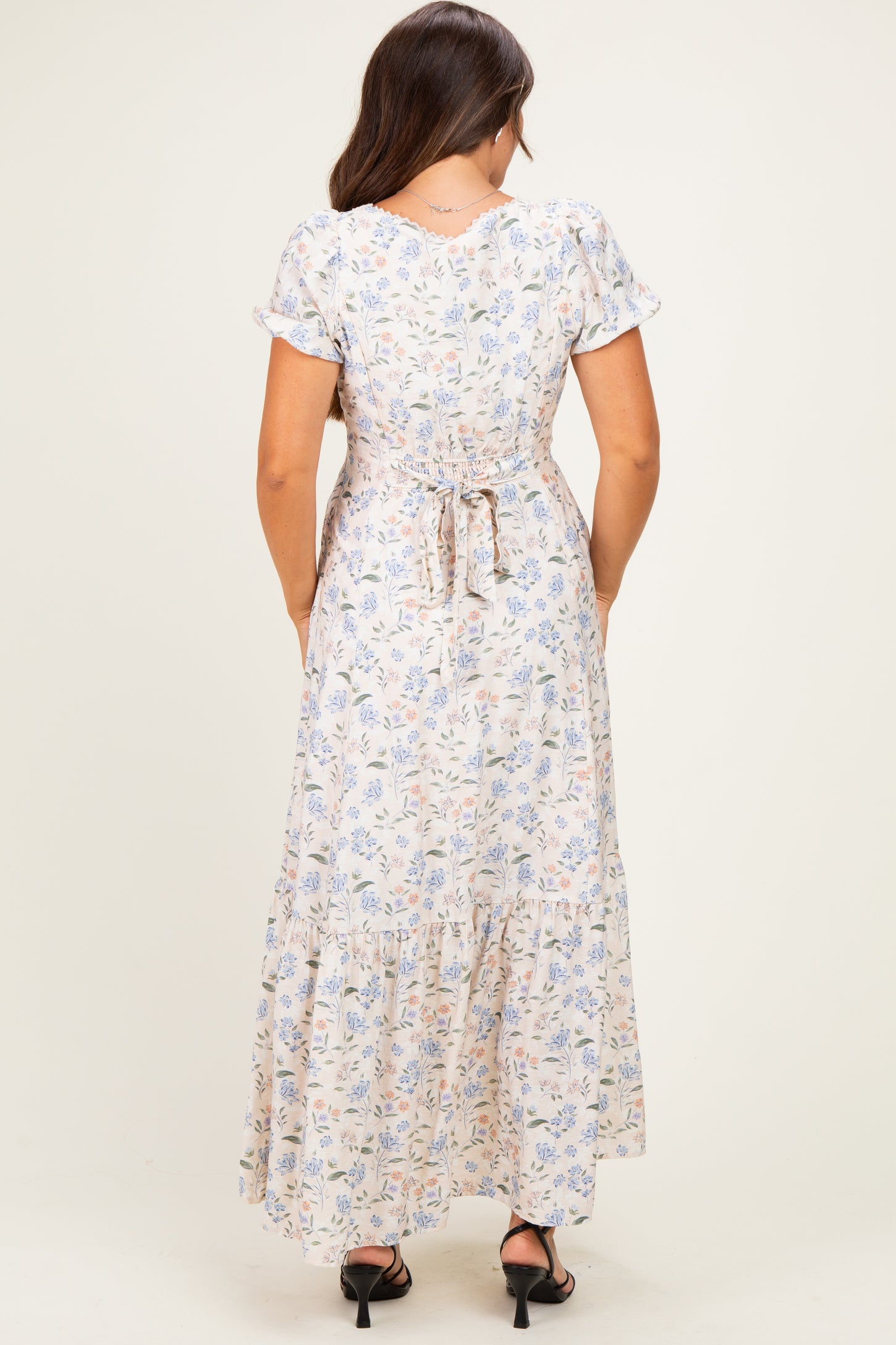 floral print bandeau lace trim buttoned maxi dress Lace-Trim Satin Floral Maxi Dress