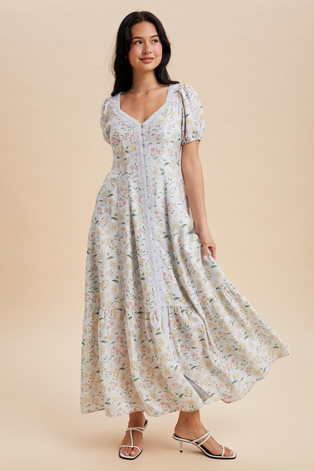 Light Blue Floral Lace Trim Button Down Maxi Dress