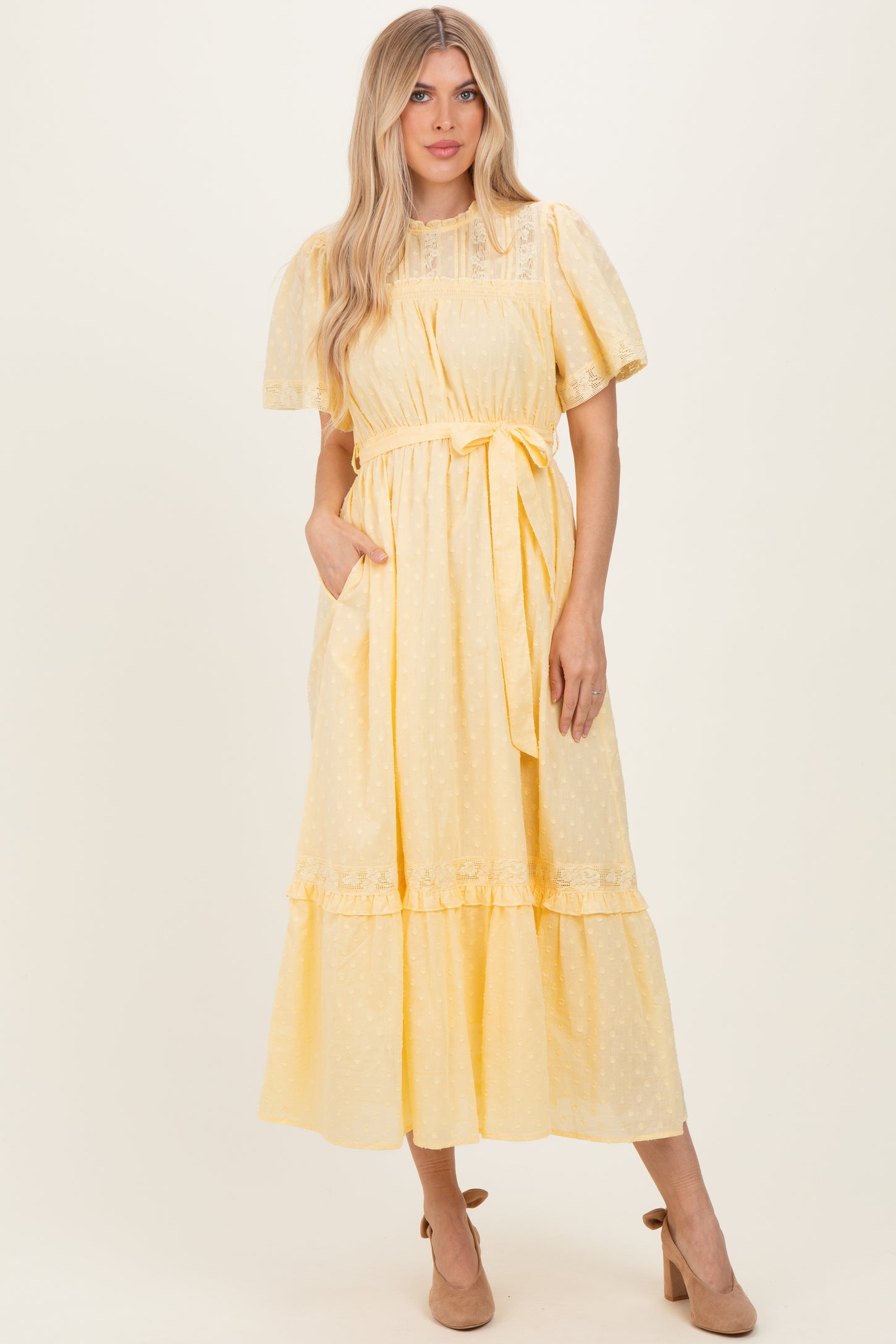 flutter sleeve maxi dress Yellow Swiss Dot Flutter Sleeve Maxi Dress
