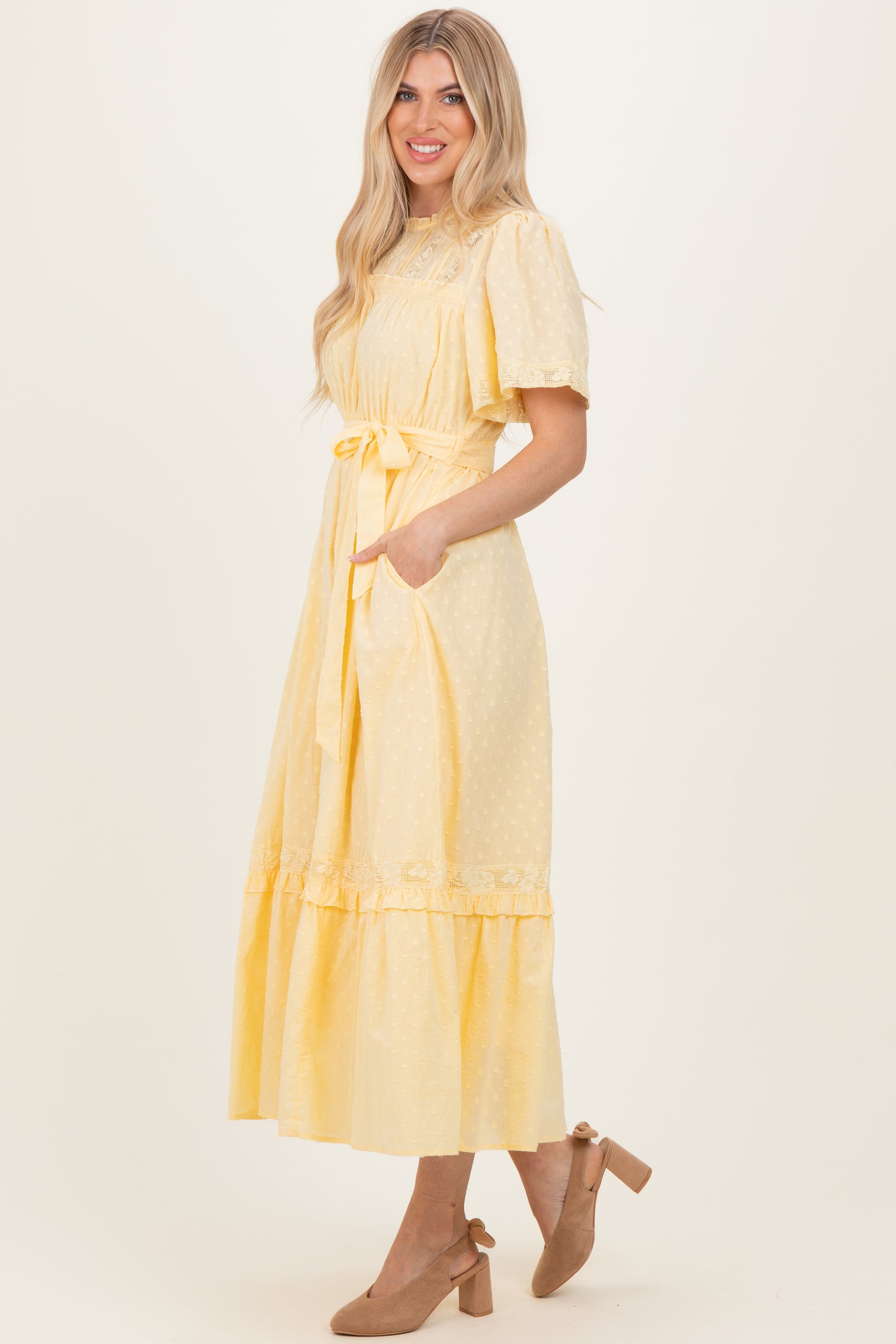 yellow midi dress with sleeves Yellow Swiss Dot Flutter Sleeve Maxi Dress