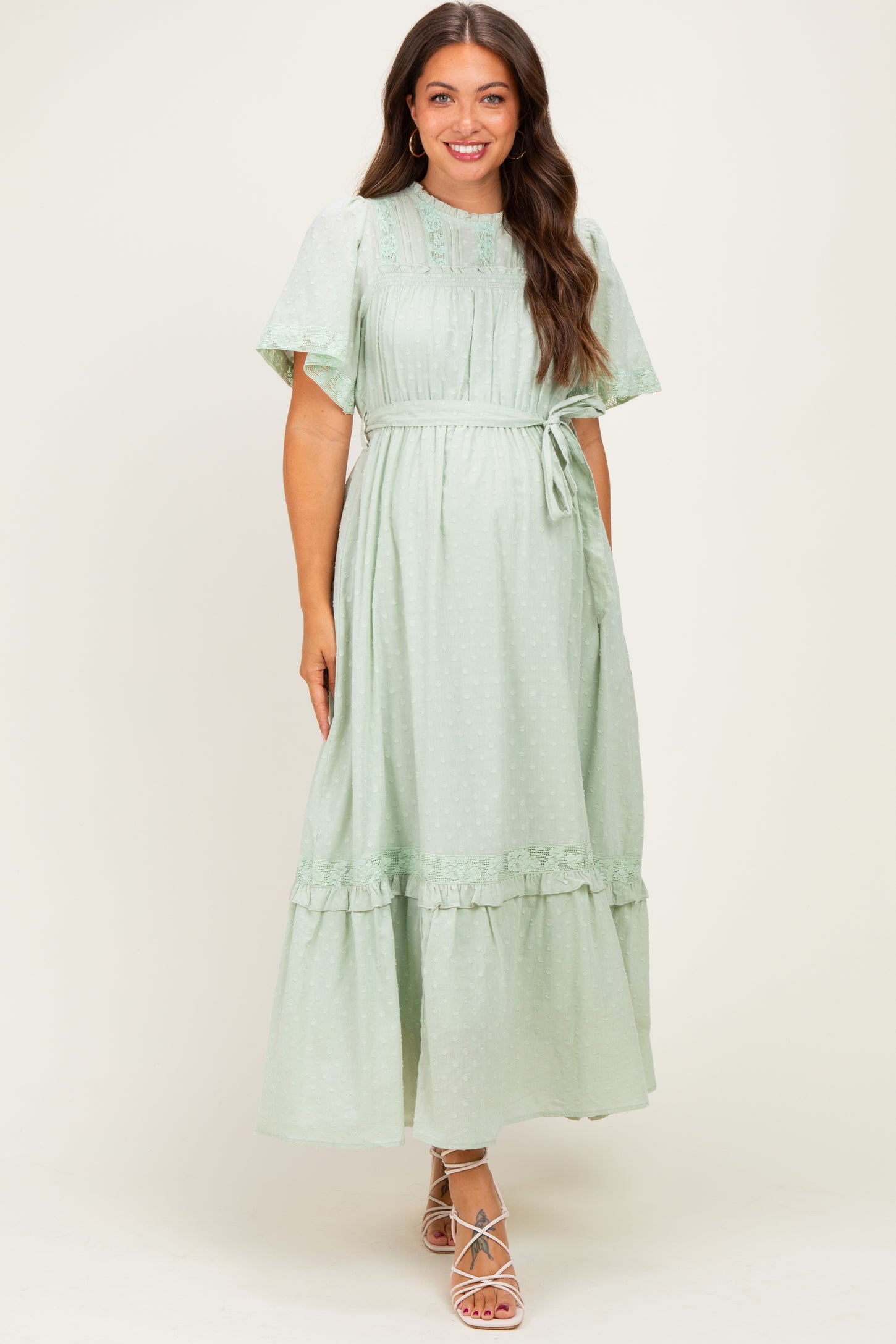 Sage Swiss Dot Flutter Sleeve Maternity Maxi Dress