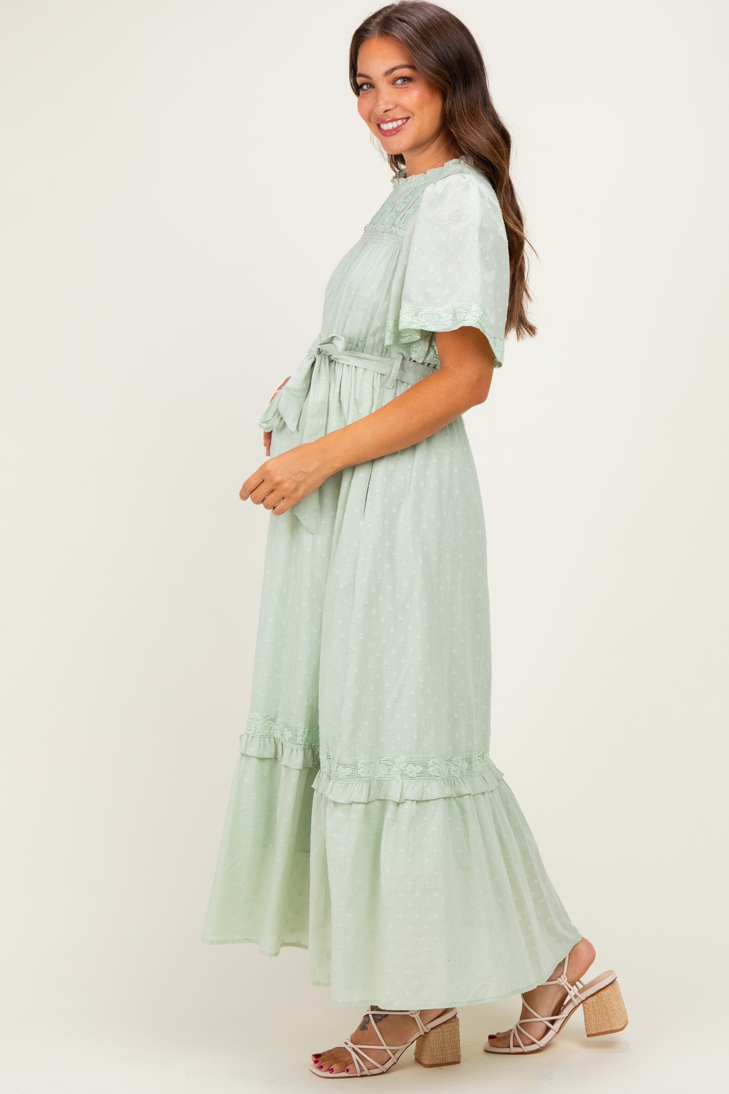Sage Swiss Dot Flutter Sleeve Maternity Maxi Dress