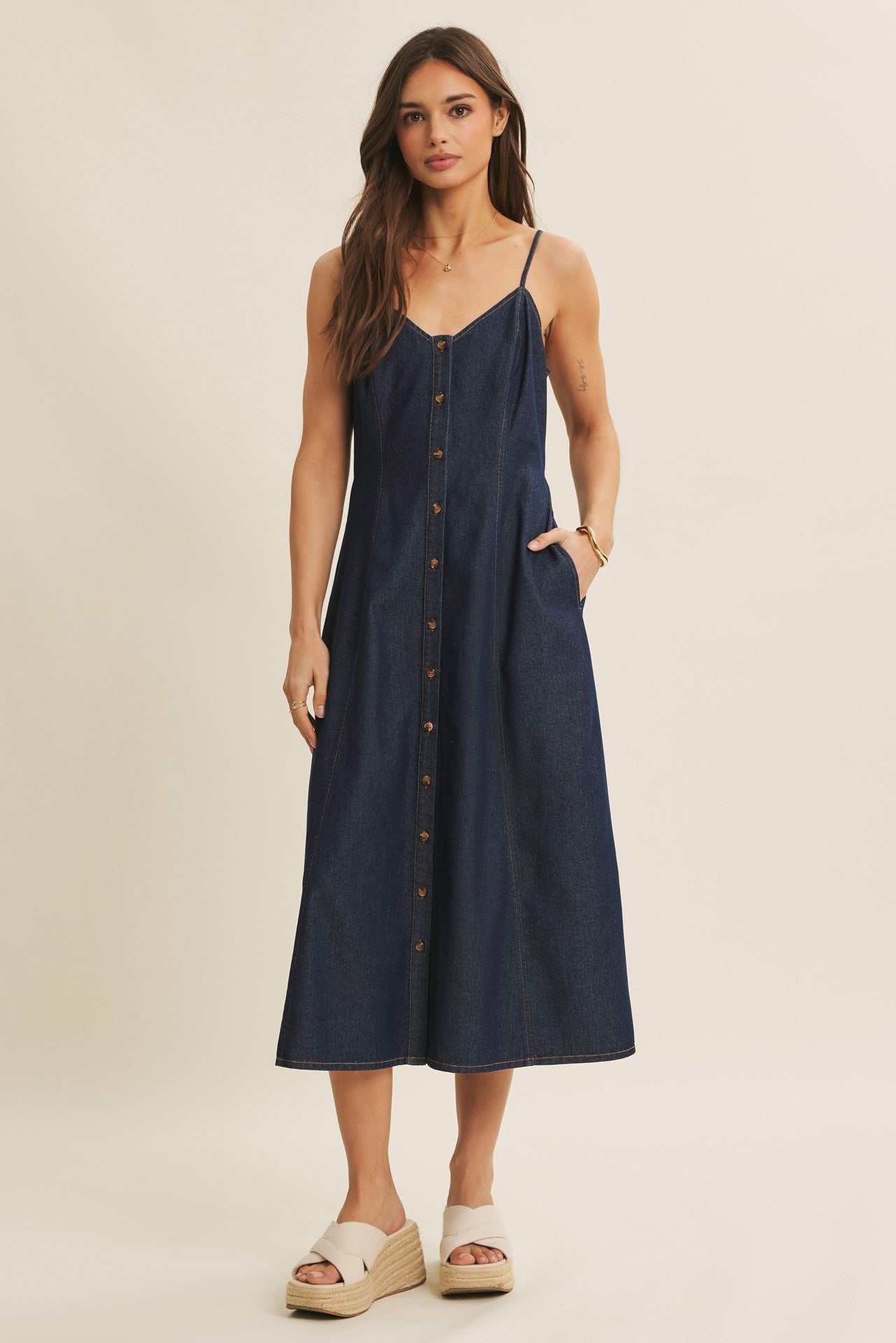 button denim midi dress Navy Button-Down Denim Midi Dress