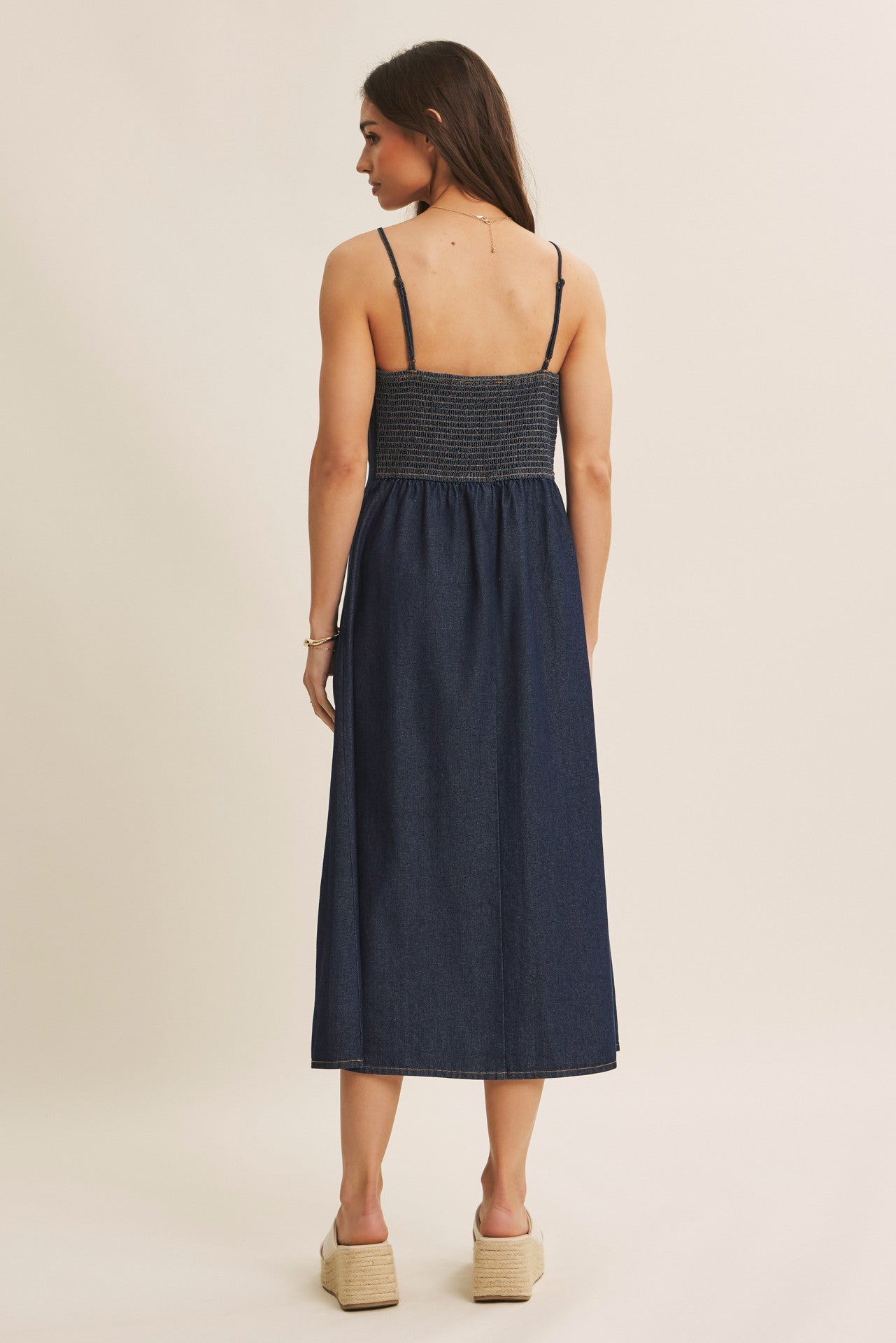 button down denim midi dress Navy Button-Down Denim Midi Dress