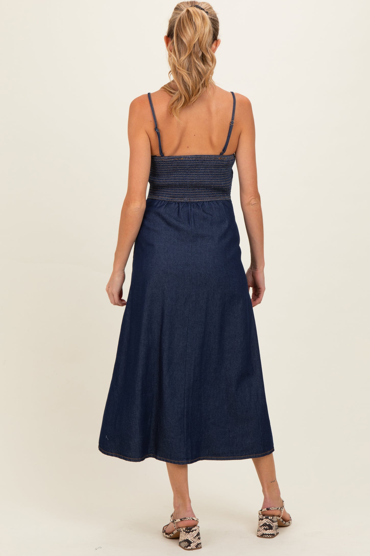 Navy Button-Down Denim Maternity Midi Dress