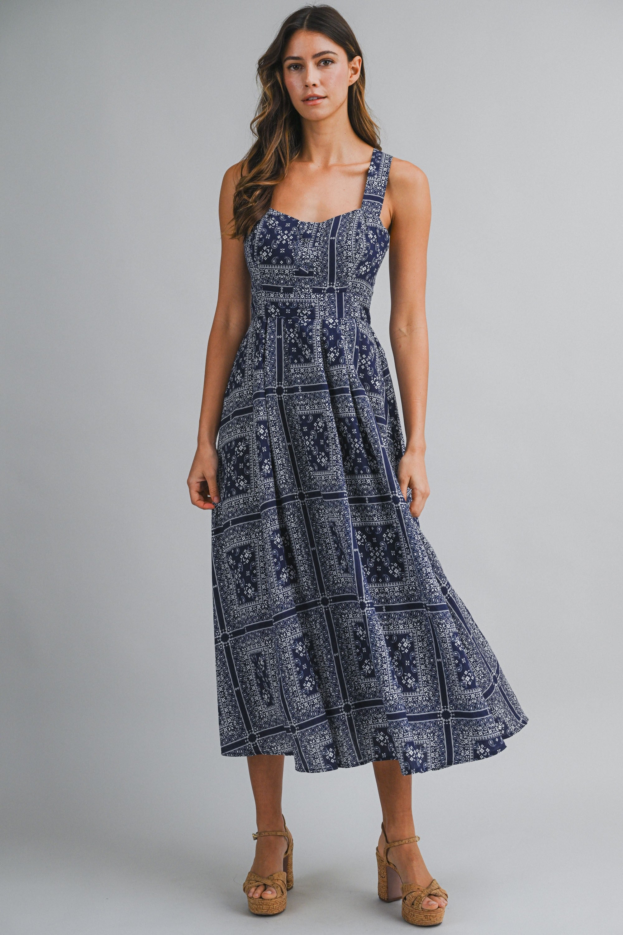blue bandana print dress Navy Crisscross Back Midi Dolce & Gabbana polka-dot NA-10.17.24AM The Howard Dress is Color:Black and  Dark Green